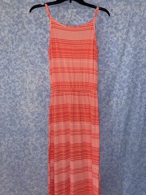 love, Fire Coral and White Striped Maxi Dress